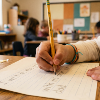 A child's hand writes an invented-spelling sentence on lined paper, sounding out each word letter by letter.