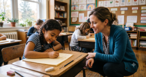 A teacher crouches beside a young girl's desk, smiling warmly as the student writes on paper, with an alphabet display and student artwork covering the bulletin board behind them.