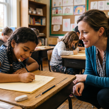 A teacher crouches beside a young girl's desk, smiling warmly as the student writes on paper, with an alphabet display and student artwork covering the bulletin board behind them.