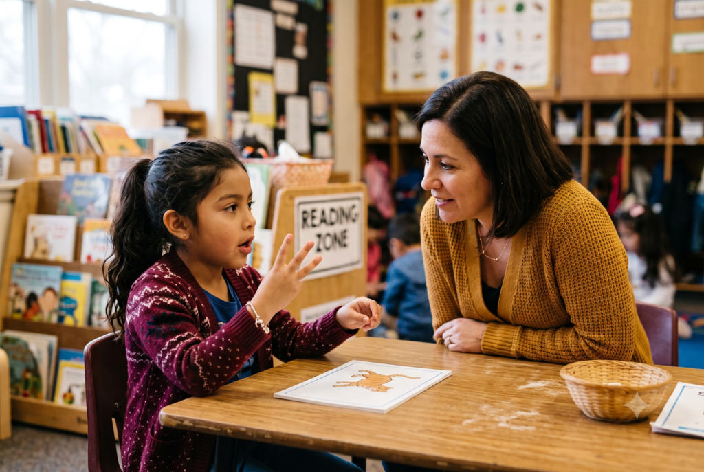A young girl holds up three fingers as she segments the sounds in a word, facing a teacher who listens attentively across a table with a picture card and manipulatives in the Reading Zone area of the classroom.