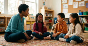 A teacher sits on a rug with three students during a small group phonemic awareness lesson, as one girl holds up three fingers to count phonemes while her classmates listen and watch.