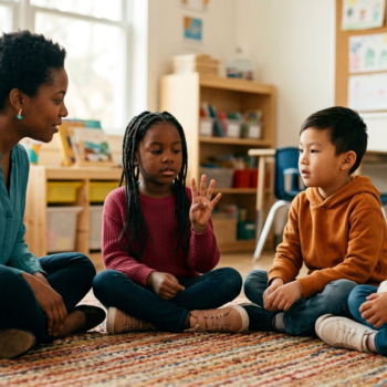 A teacher sits on a rug with three students during a small group phonemic awareness lesson, as one girl holds up three fingers to count phonemes while her classmates listen and watch.