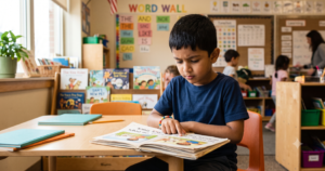 A young boy tracks text with his finger as he reads a decodable reader at his classroom desk, with a colorful word wall and well-stocked book shelves visible behind him.