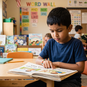 A young boy tracks text with his finger as he reads a decodable reader at his classroom desk, with a colorful word wall and well-stocked book shelves visible behind him.