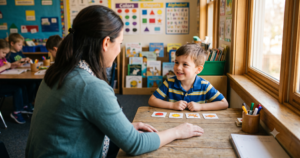 A teacher sits across from a smiling young boy at a classroom table, working through a phonological awareness activity with picture cards showing an apple, sun, cat, and fish. The boy looks engaged as he listens and responds.