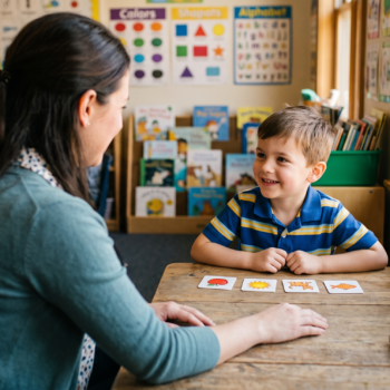 A teacher sits across from a smiling young boy at a classroom table, working through a phonological awareness activity with picture cards showing an apple, sun, cat, and fish. The boy looks engaged as he listens and responds.