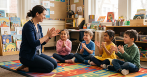 A teacher sits on an alphabet rug clapping syllables with a small group of smiling students during a hands-on phonological awareness activity in a bright, book-filled classroom.