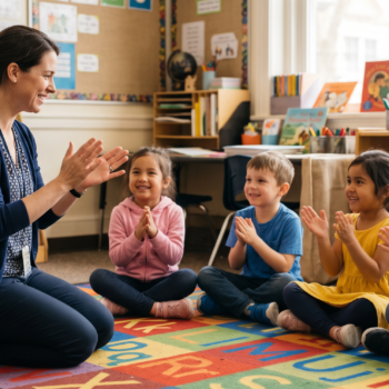 A teacher sits on an alphabet rug clapping syllables with a small group of smiling students during a hands-on phonological awareness activity in a bright, book-filled classroom.