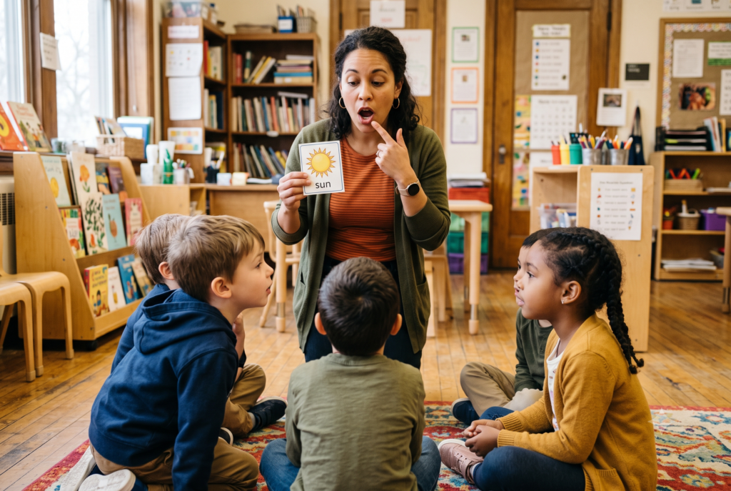 A teacher demonstrates the sounds in the word "sun" using a picture card, exaggerating her mouth shape as a small group of students sitting on a rug watch and repeat the sounds back.