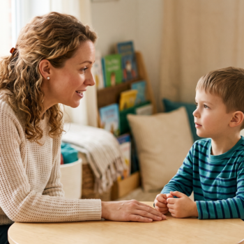 A teacher leans in to talk with a young student at a small table in a cozy reading corner