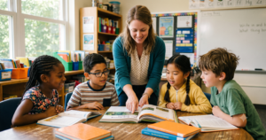 A teacher leans over a table to point to a page in a nonfiction book, engaging four elementary students in a pre-reading discussion before diving into the text together.