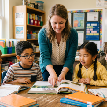 A teacher leans over a table to point to a page in a nonfiction book, engaging four elementary students in a pre-reading discussion before diving into the text together.