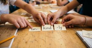 Students' hands arrange word cards reading "un-," "kind," and "-ly" to build a word during a prefixes and suffixes lesson.