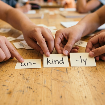 Students' hands arrange word cards reading "un-," "kind," and "-ly" to build a word during a prefixes and suffixes lesson.
