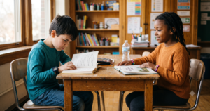 Two elementary students sit across from each other at a shared desk, each reading their own book independently in a warm, well-stocked classroom.