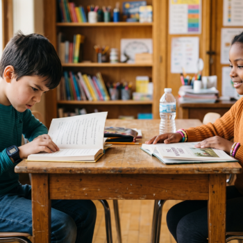 Two elementary students sit across from each other at a shared desk, each reading their own book independently in a warm, well-stocked classroom.