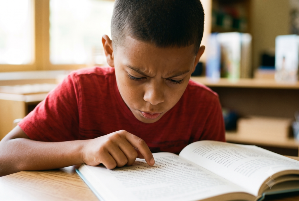 A boy furrows his brow in concentration as he tracks the text with his finger while reading a chapter book independently at his desk.