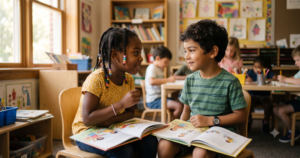 Two students sit knee-to-knee with open picture books, mid-conversation during a turn-and-talk reading comprehension activity.