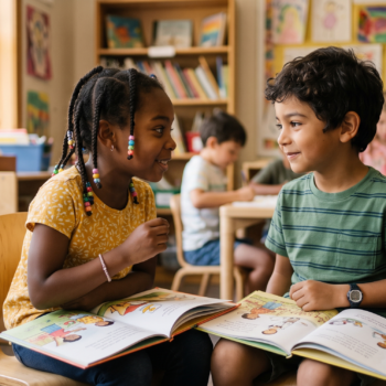 Two students sit knee-to-knee with open picture books, mid-conversation during a turn-and-talk reading comprehension activity.