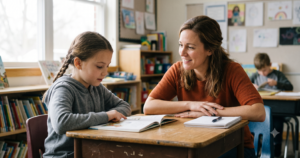 A teacher leans in to ask a follow-up question during a one-on-one reading conference with a student.