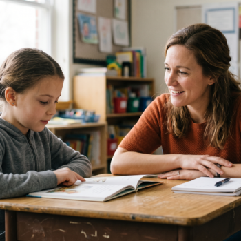 A teacher leans in to ask a follow-up question during a one-on-one reading conference with a student.