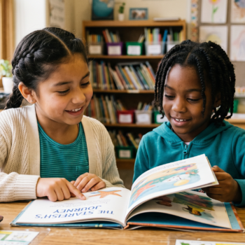 Two elementary girls smile as they read a picture book together at a classroom desk, sharing the pages of a colorful illustrated story in a warm, book-filled classroom.