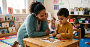 A teacher leans in closely as a young boy uses colored tiles to tap out syllables in the word "butterfly," with a picture card of a monarch butterfly on the table in front of him.