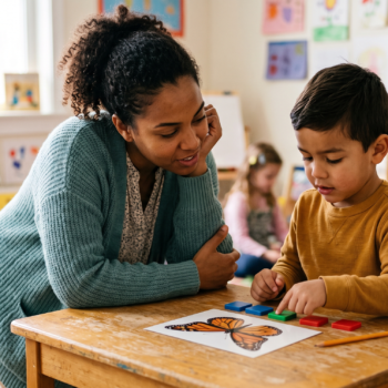 A teacher leans in closely as a young boy uses colored tiles to tap out syllables in the word "butterfly," with a picture card of a monarch butterfly on the table in front of him.
