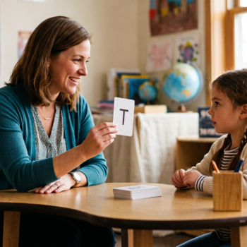 A smiling teacher holds up a letter card showing the letter T as a young girl looks on attentively during a one-on-one systematic phonics lesson at a small classroom table.
