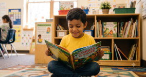 A young boy sits cross-legged on a classroom rug, smiling as he reads an illustrated picture book independently in front of a well-stocked classroom library.
