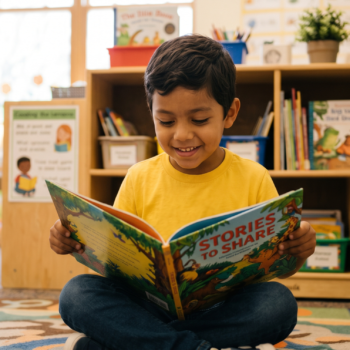 A young boy sits cross-legged on a classroom rug, smiling as he reads an illustrated picture book independently in front of a well-stocked classroom library.