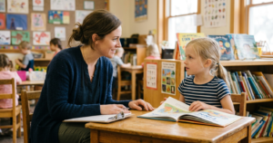 A teacher and young student discuss an open picture book together at a classroom table.