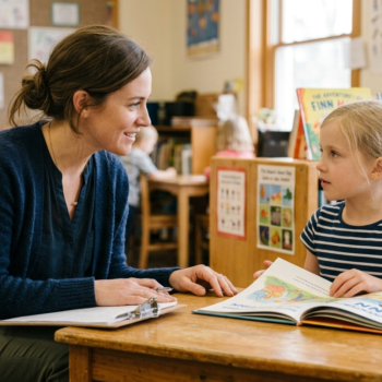 A teacher and young student discuss an open picture book together at a classroom table.