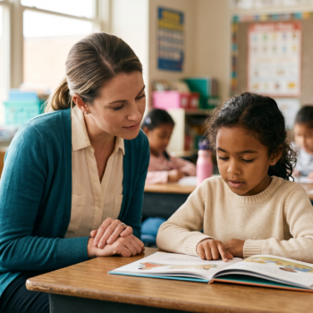 A teacher leans in attentively beside a young girl who reads aloud from a picture book at her desk, with other students working independently in the background of a colorful classroom.