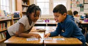 Two students lean over their desks to arrange morpheme cards showing "un-," "happy," and "-ness" together, building words from their parts during a morphology activity.