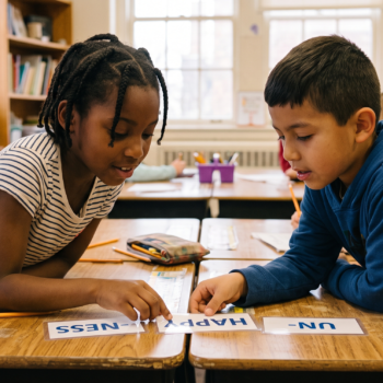 Two students lean over their desks to arrange morpheme cards showing "un-," "happy," and "-ness" together, building words from their parts during a morphology activity.