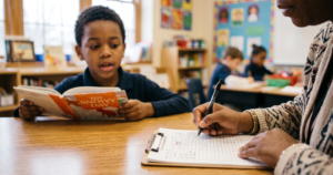 A boy reads aloud from "The Snowy Day" while a teacher records his progress on a running record during guided reading.