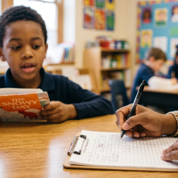 A boy reads aloud from "The Snowy Day" while a teacher records his progress on a running record during guided reading.