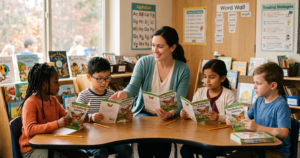 A teacher leads four students through "The Butterfly Journey" during a guided reading group at a small table.