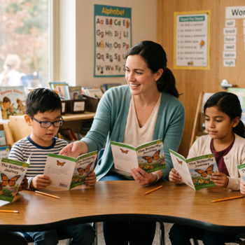 A teacher leads four students through "The Butterfly Journey" during a guided reading group at a small table.
