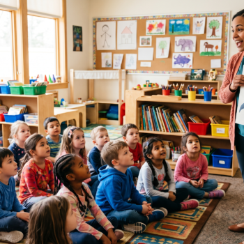 A teacher leads explicit vocabulary instruction, holding up a whale picture as young students sit together and respond.