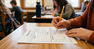 A student fills in the examples section of a Frayer Model vocabulary worksheet for the word "flower."