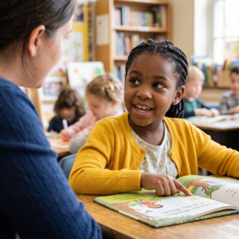 A smiling young student points to a word in a picture book while reading aloud with her teacher.