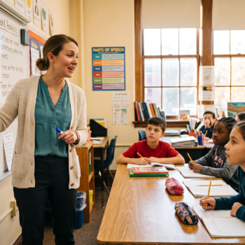 eacher explaining morphemic analysis at a whiteboard showing "un-happi-ness" broken into prefix, root, and suffix for upper elementary students