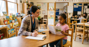 A teacher takes notes while a young student reads aloud from a book, capturing a moment of oral reading fluency practice.