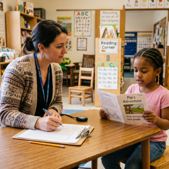 A teacher takes notes while a young student reads aloud from a book, capturing a moment of oral reading fluency practice.
