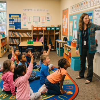 A teacher points to vowel team word examples on a whiteboard as young students sit on the carpet with hands raised.