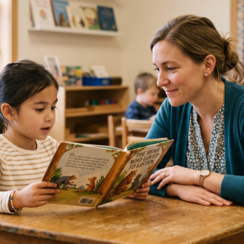 A teacher listens closely as a young student reads aloud one-on-one, the moment a running record captures in the classroom.