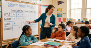 A teacher points to a semantic feature analysis grid on the whiteboard as students discuss fruit characteristics.