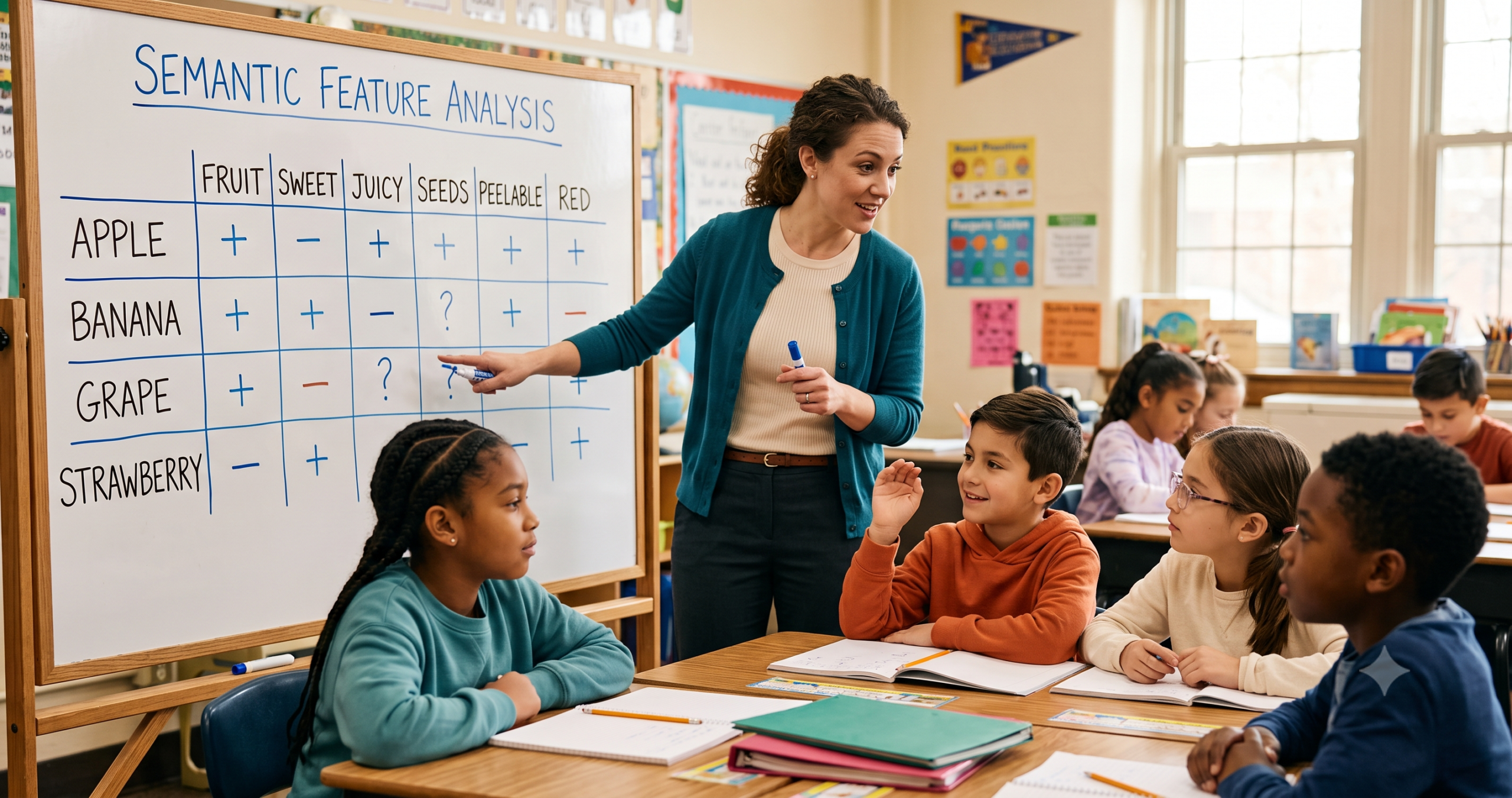 A teacher points to a semantic feature analysis grid on the whiteboard as students discuss fruit characteristics.